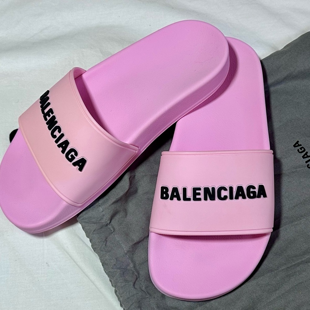 Balenciaga | Pink Pool Slides Logo Sandals | 36